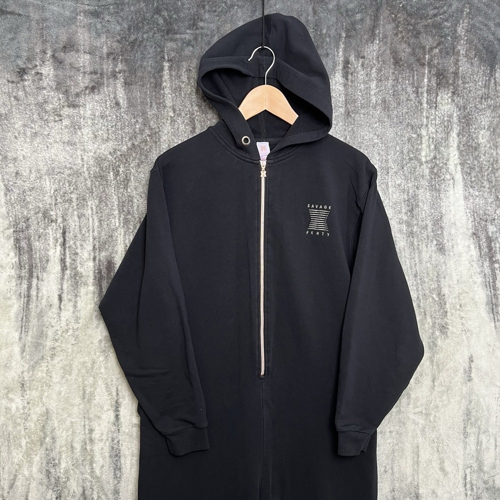 Savage X Fenty Forever Savage Hooded Jumpsuit One Piece Sz S Black Pockets Zip